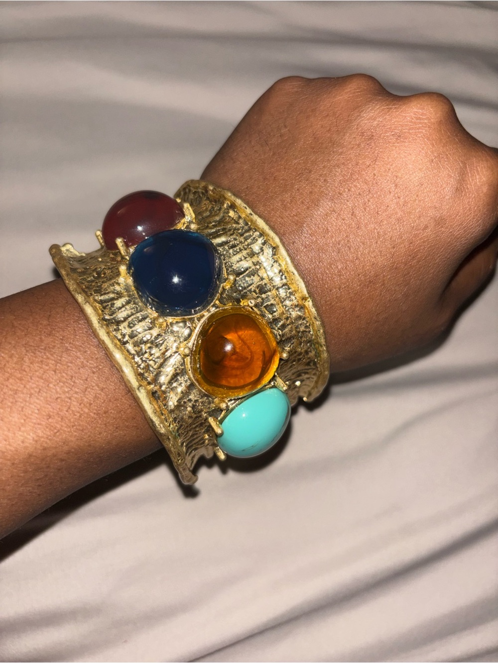 Gold Multi-Stone Cuff Bracelet with Turquoise, Amber, Navy & Garnet Stones